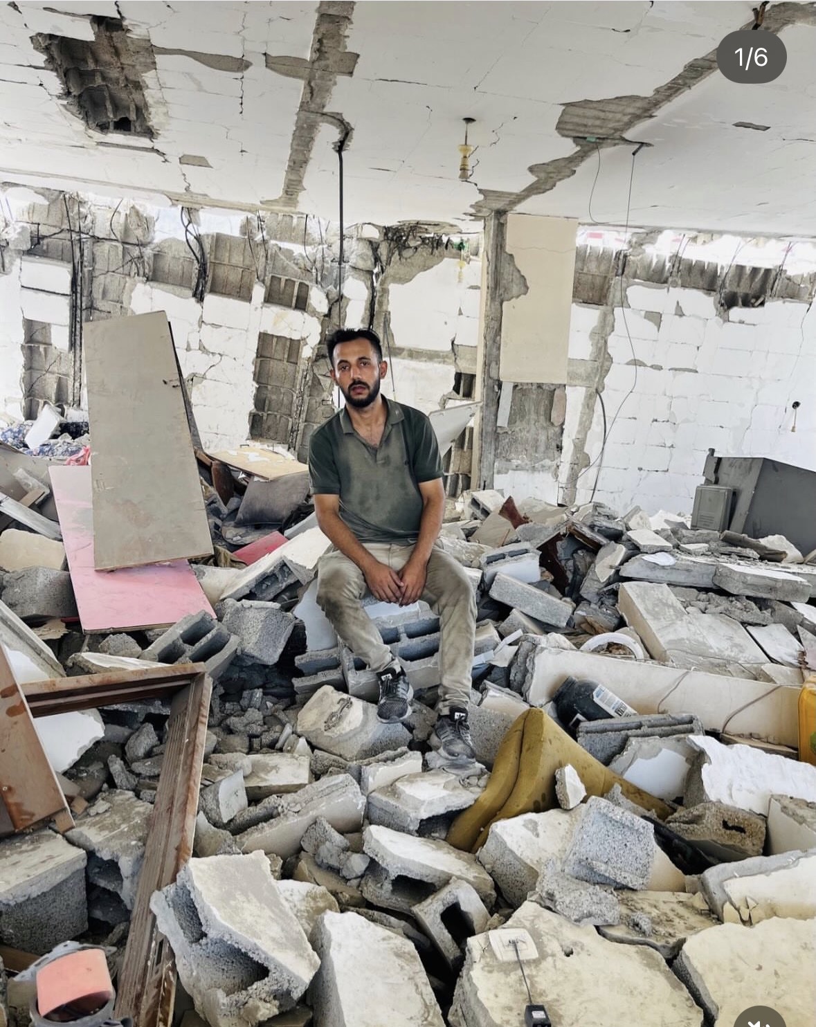 Mohammed in the ruins of a bombed building, Gaza, May 2025